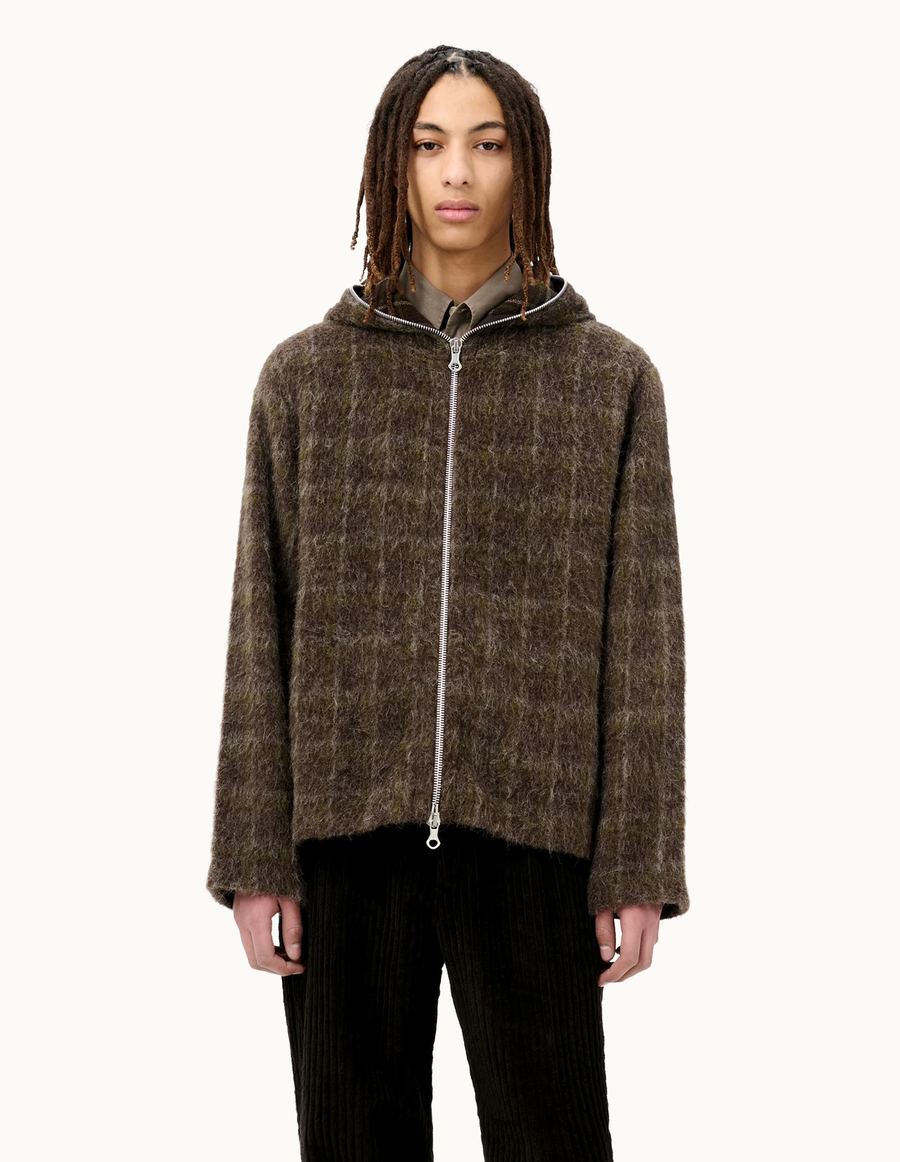 Full Zip Hood-Dorf Check Hairy Wool