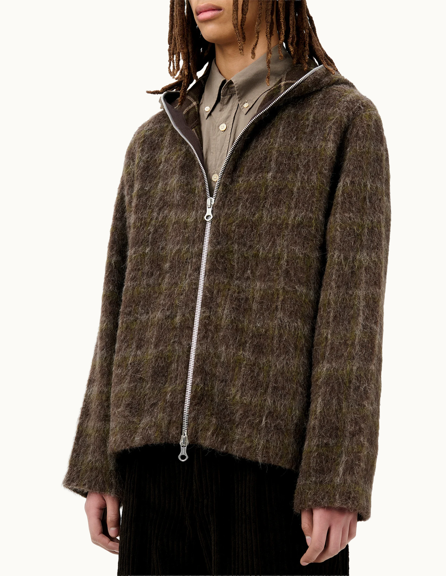 Full Zip Hood-Dorf Check Hairy Wool