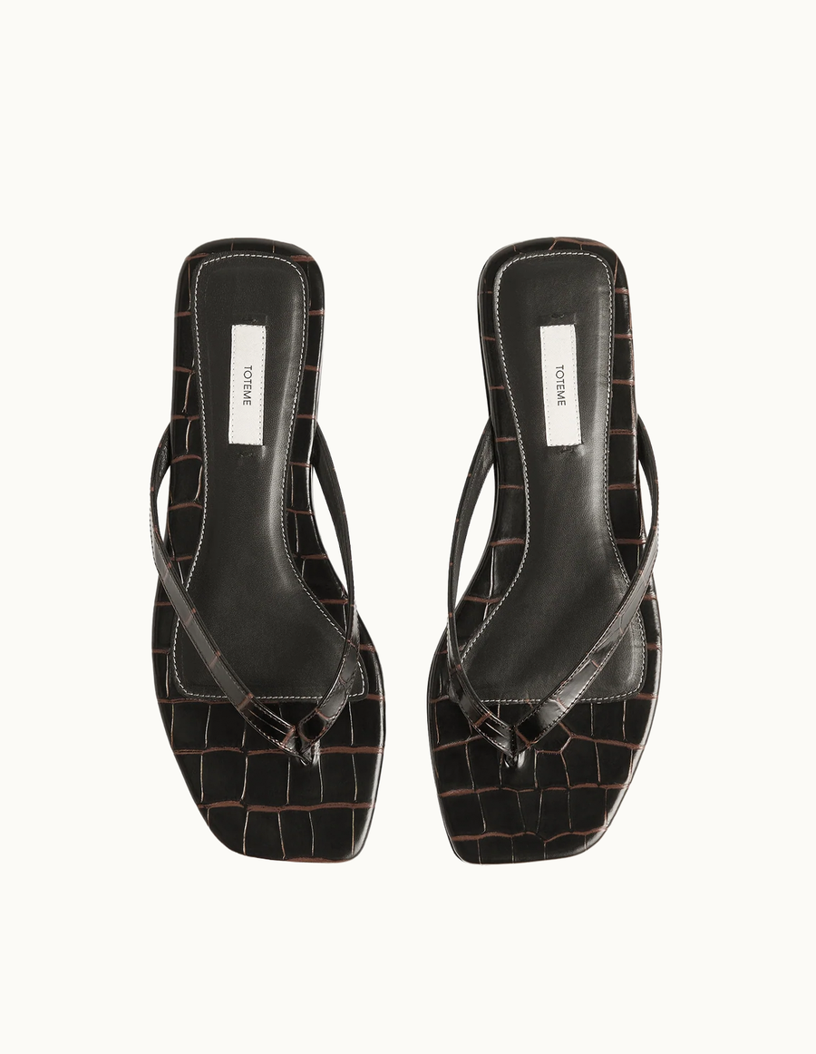 Croco-embossed Flip Flops Dark Brown