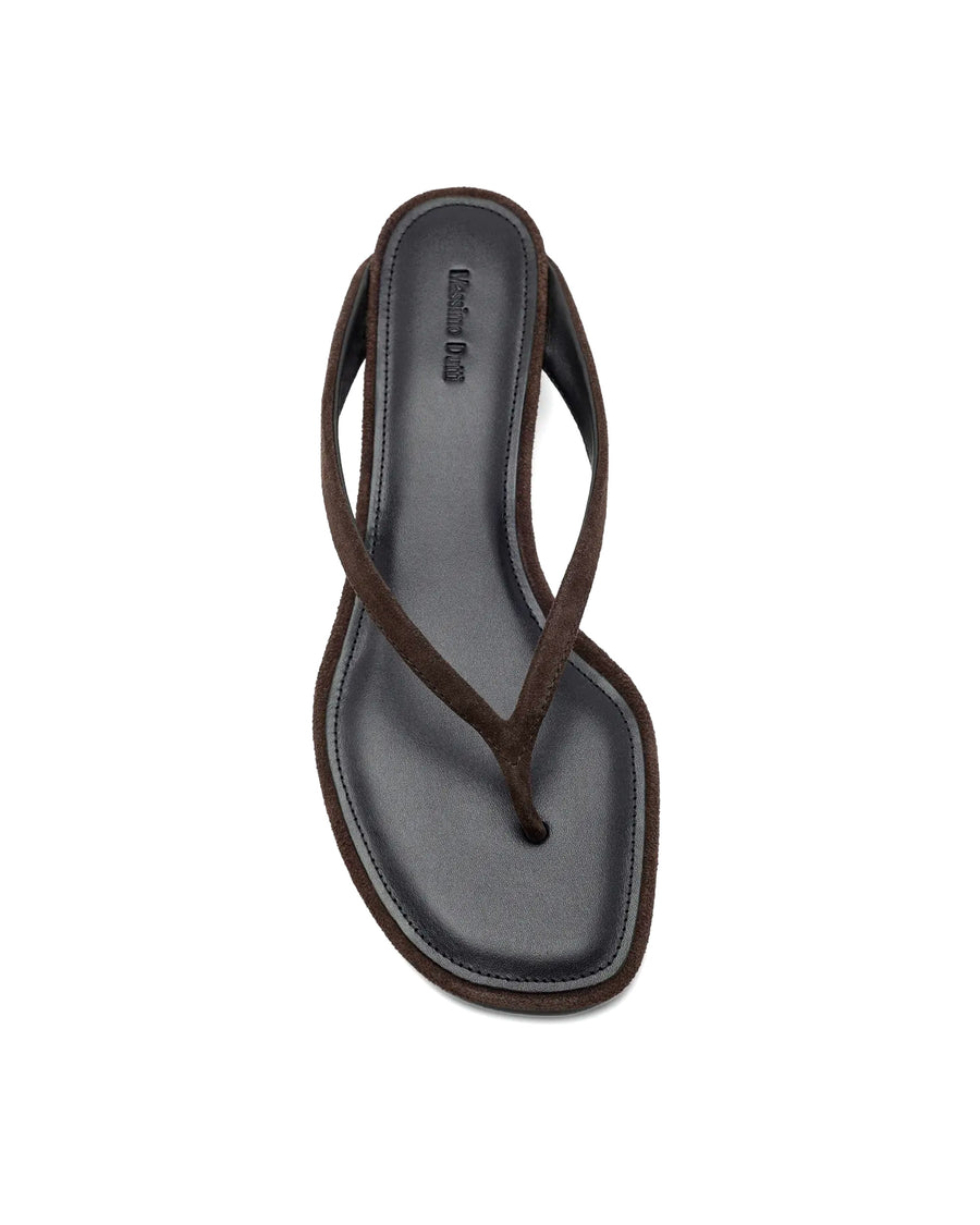 Mid-Heel Split Suede Toe Sandal — Brown
