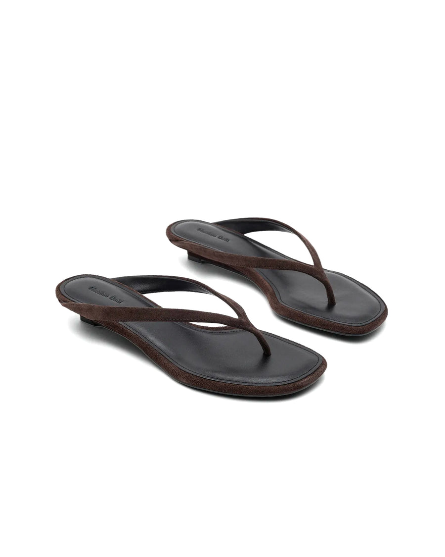 Mid-Heel Split Suede Toe Sandal — Brown