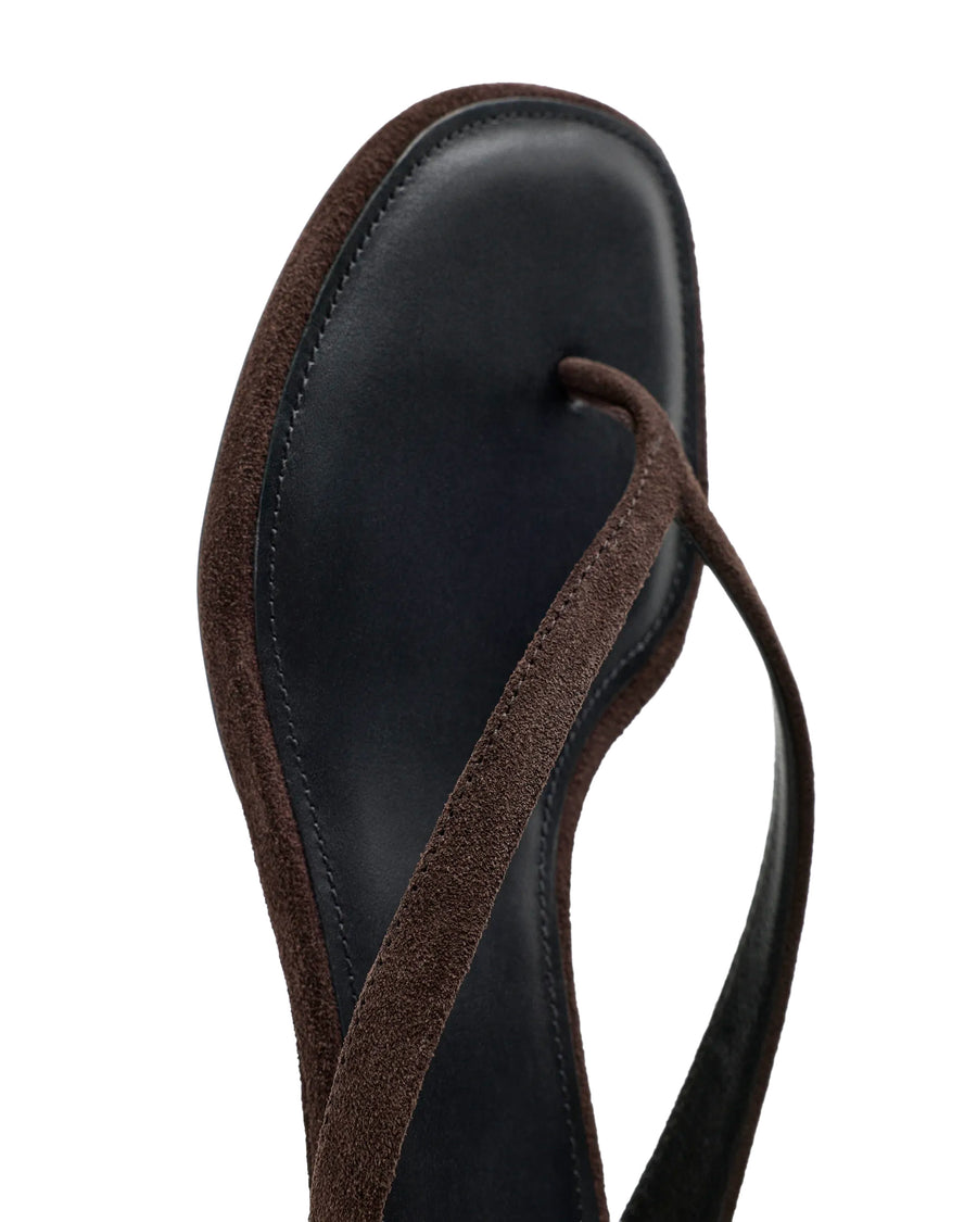 Mid-Heel Split Suede Toe Sandal — Brown