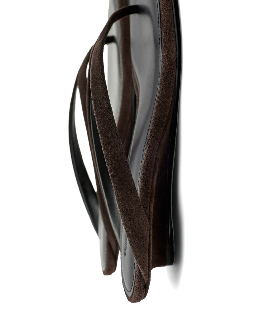 Mid-Heel Split Suede Toe Sandal — Brown